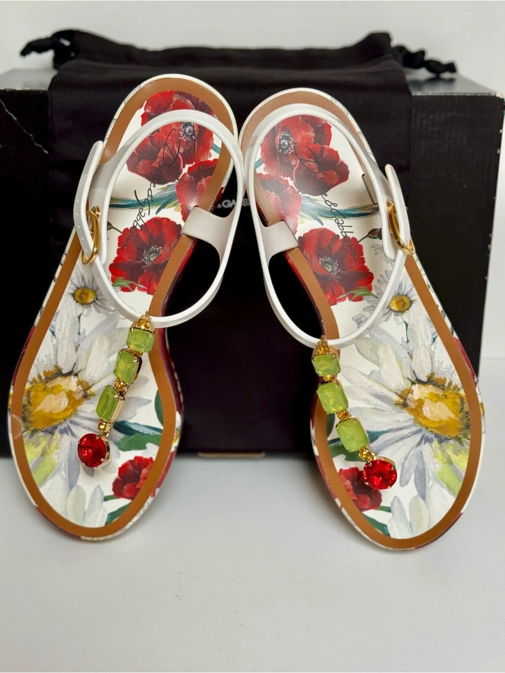 Dolce & Gabbana Poppy/Daisy T-Strap Platform Sandals w/Swarovski Crystals Size 9